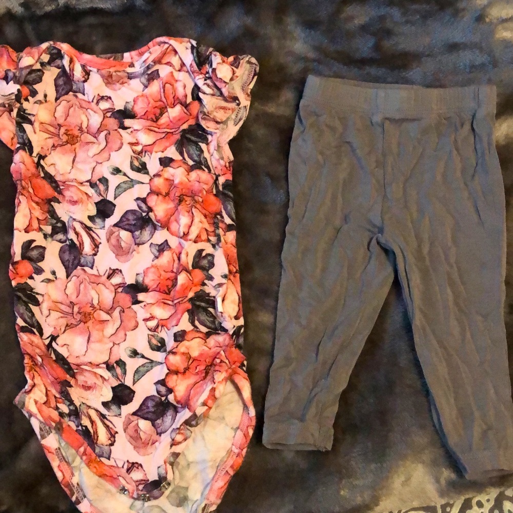 Posh peanut beautiful floral onesie, gray matching pants set. Like new